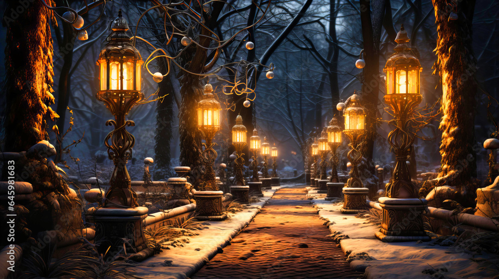 Candlelit lanterns illuminating snowy pathways