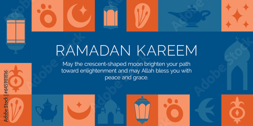 Ramadan Kareem. Horisontal banner with islamic muslim elements, mosque, flower ornament, lamp, lantern, crescent, bird, star. Eid al-Fitr. Eid Mubarak. Oriental modern template of card, poster.