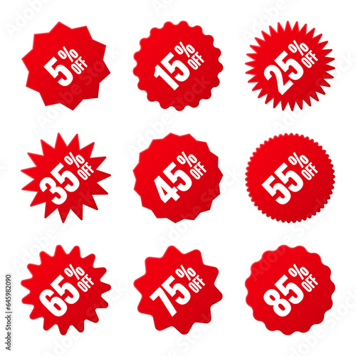 Price tags collection, special offer or shopping discount label with percent, discount percentage value. Red turned retail paper sticker. Promotional sale badge. Vector illustration