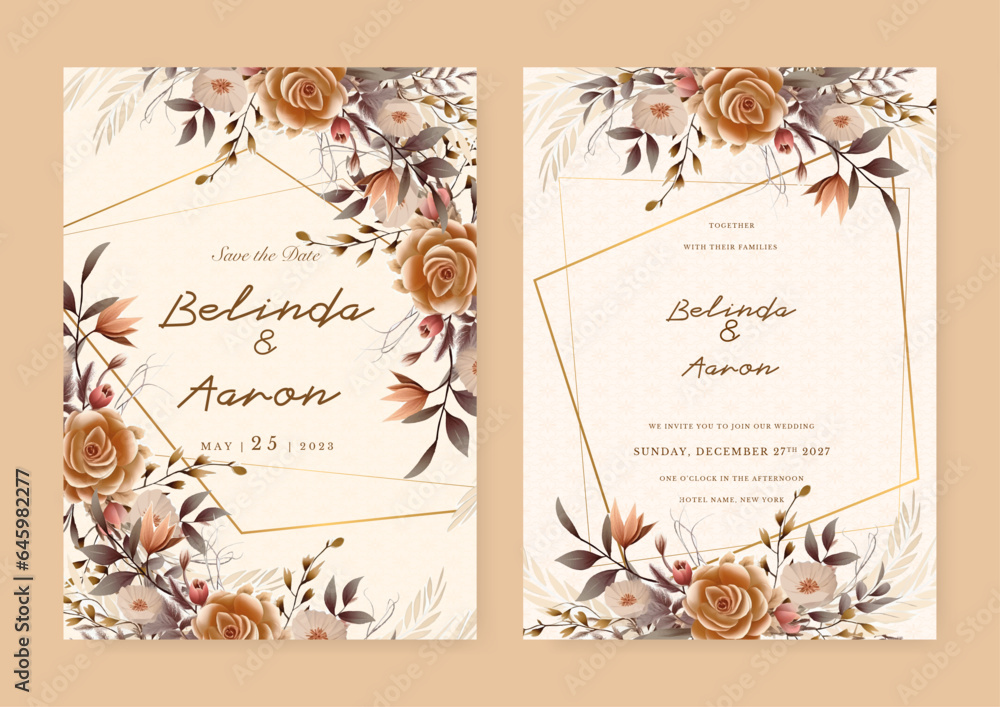 Fototapeta premium Brown white and beige modern wedding invitation template with flora and flower