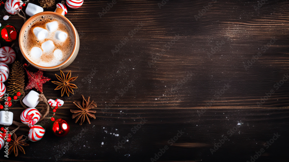 Warm cup of hot Chocolate with marshmallows, sat on a rustic table or background with Christmas decorations. Copy space for use as a card, banner or poster. Warm cup of hot Chocolate with marshmallows, sat on a rustic table or background with Christmas decorations. Copy space for use as a card, banner or poster.
