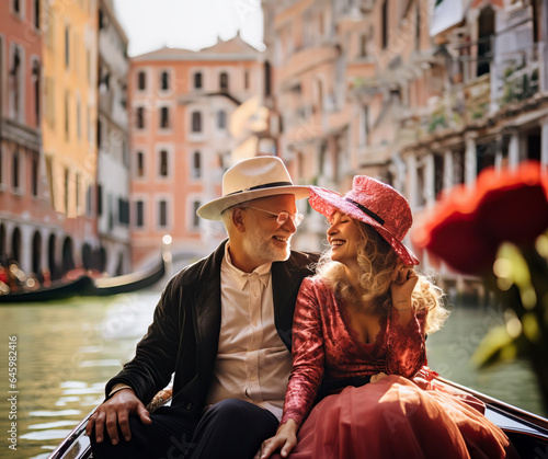 Happy mature couple on a gondola trip during a vacation. Concept of travel, tourism and sightseeing at a senior age, enjoying retirement. Shallow field of view. photo