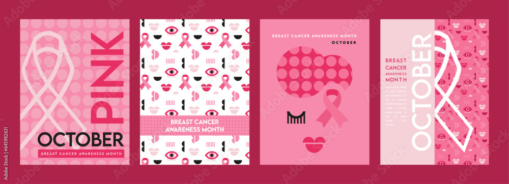 posters set for October Breast Cancer awareness month. Creative designs with pink ribbon, pink woman and patterns. Vector illustrations.
