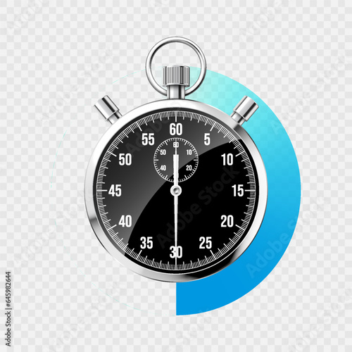 Realistic classic stopwatch. Shiny metal chronometer, black time counter with dial. Blue countdown timer showing minutes and seconds. Time measurement for sport, start and finish. Vector illustration
