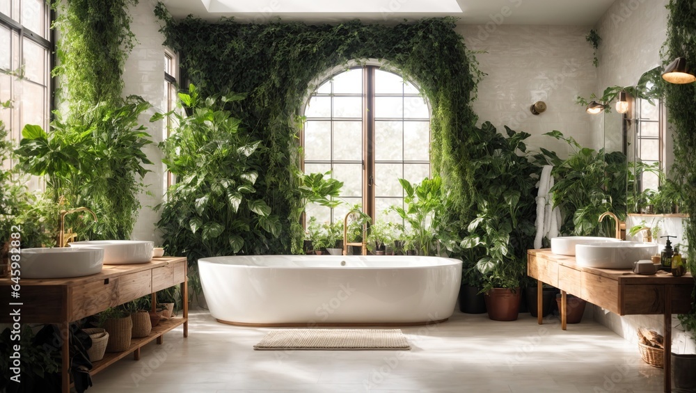 Modern comfortable bathroom Bathroom interior decorated with green plants.