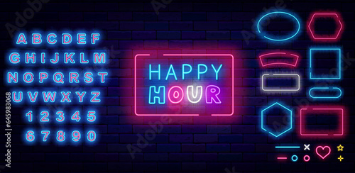 Happy hour neon label. Geometric frames set. Discount for food market. Vector stock illustration