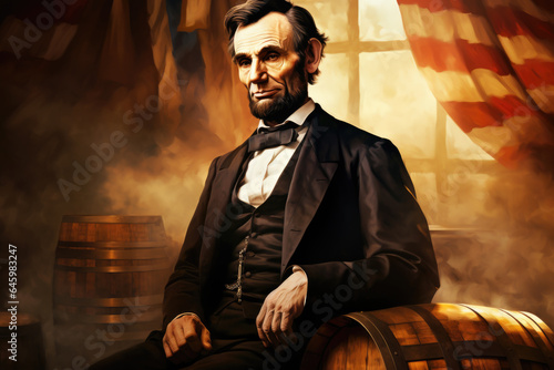 Obraz na płótnie Abraham Lincoln Illustration with American Flag, Historic Portrait - Generative AI w salonie