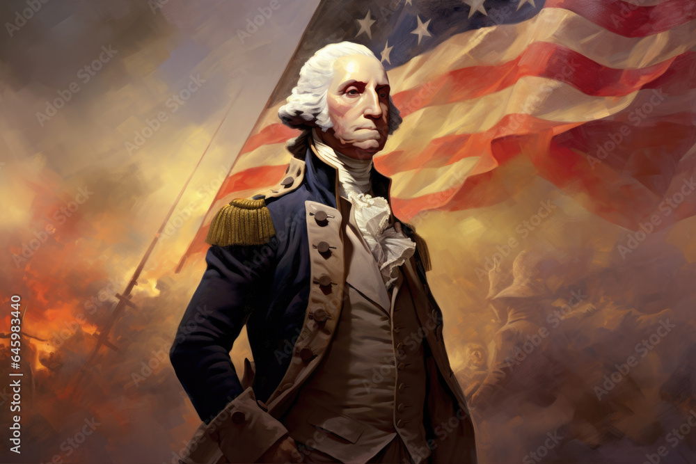 George Washington Illustration with American Flag - Founding Father, Revolution, USA - Generative AI