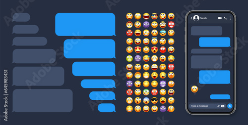Smartphone messaging app, user interface with emoji. SMS text frame. Chat screen, blue message bubbles. Texting app for communication. Social media application. Dark mode. Vector illustration