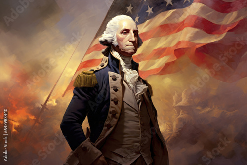 Obraz na płótnie George Washington Illustration with American Flag - Founding Father, Revolution, USA - Generative AI w salonie