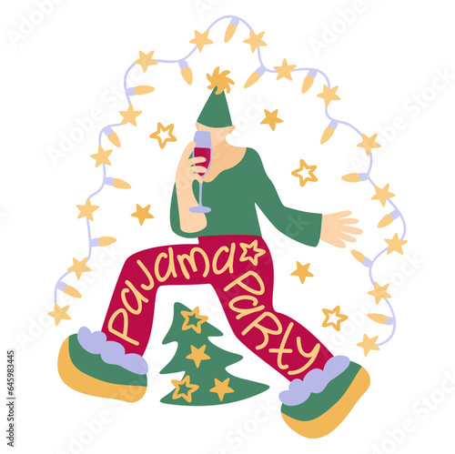 Christmas Pajama Party. Happy person in pajama with glass of vine near Christmas tree surrounded with  shining garland. Vector isolated illustration.