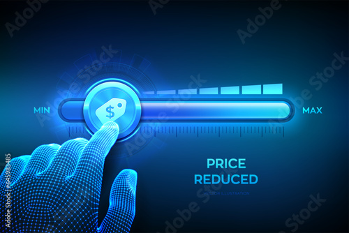 Price reduced. Cost reduction. Wireframe hand is pulling to the minimum position progress bar with the price tag icon. Promotion and advertising business concept. Vector illustration.
