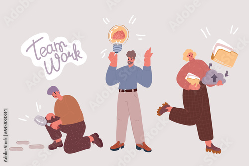 Vector illustration of Organization, search and collection of digital information. Managers work with organized archives, collect Database, management, creativity concept