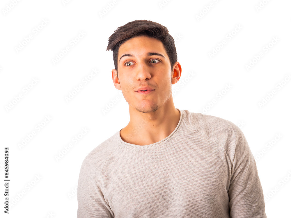 Fototapeta premium Man impressed by unexpected news in studio