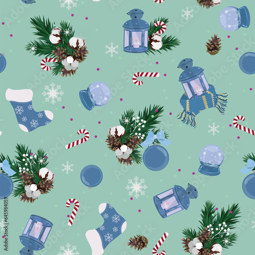 Christmas, seamless illustration with Christmas flashlight, branch spruce, new year balls, scarf