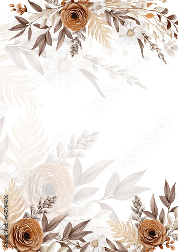 Brown white and beige modern wreath background invitation frame with flora and flower