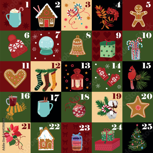 Christmas advent calendar with hand drawn elements. Christmas poster.