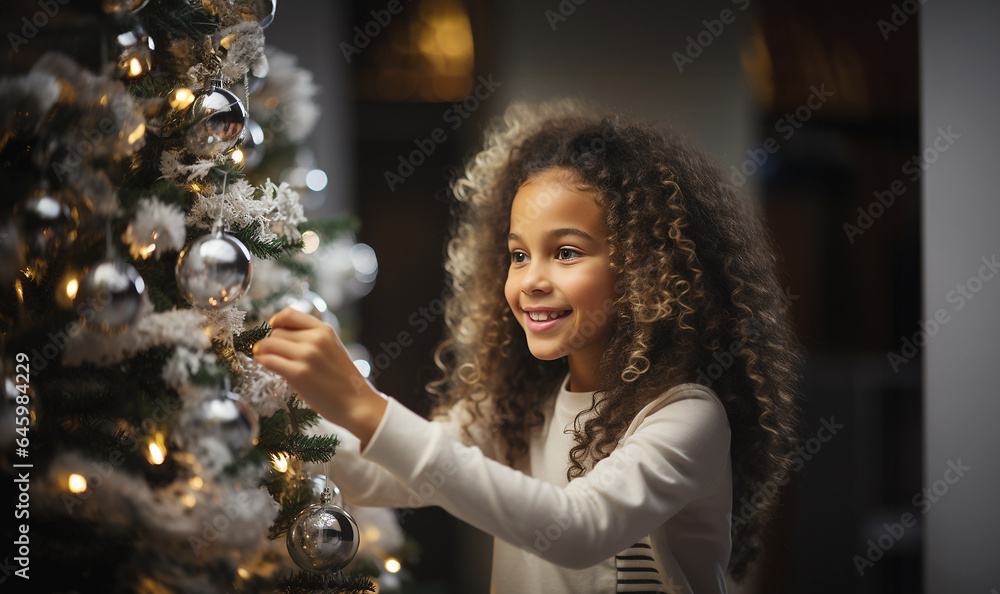Happy a little mixed-race girl with Afro-American hair decorating Christmas tree in living room background.A dark skin kid have funny with family Xmas morning in decorated living room.Christmas Eve. Happy a little mixed-race girl with Afro-American hair decorating Christmas tree in living room background.A dark skin kid have funny with family Xmas morning in decorated living room.Christmas Eve.