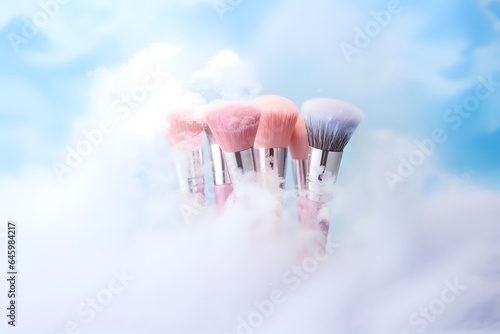 Studio photo of makeup brushes in the snow in motion. Minimal surreal idea of pastel light colors. photo