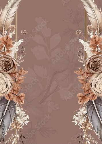 Brown beige and white modern background watercolor invitation with floral and flower