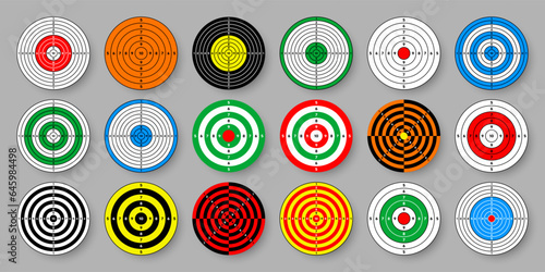 Shooting range paper targets. Round target with divisions, marks and numbers. Archery, gun shooting practise and training, sport competition and hunting. Bullseye and aim. Vector illustration