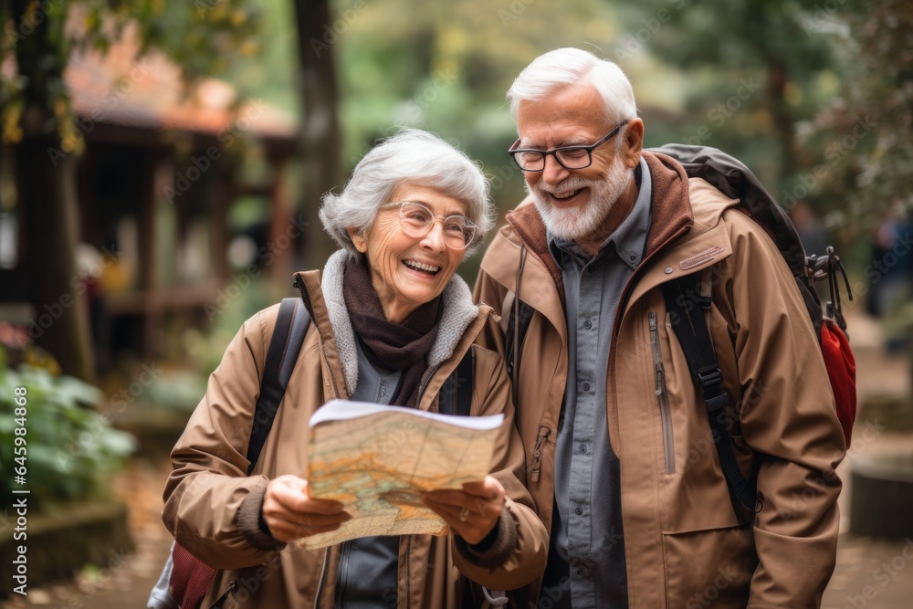 An elderly smiling couple with backpacks looks at a hiking map An elderly smiling couple with backpacks looks at a hiking map