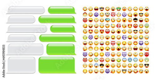 Blank message bubbles with emoji. Green chat or messenger speech bubble. SMS text frame. Short message sending. Conversation screen. Social media application. Vector illustration