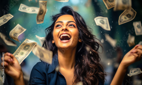 Lucky Strike: Elated Indian Woman Amidst Money Rain © Bartek
