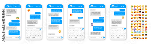 Smartphone messaging app, user interface design with emoji. SMS text frame. Chat screen with blue message bubbles. Texting app for communication. Social media application. Vector illustration