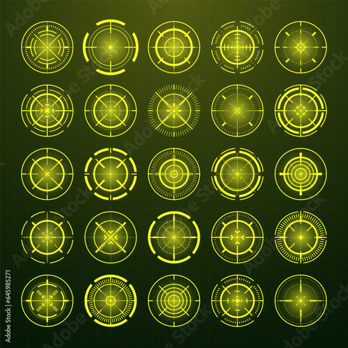 Crosshair, gun sight vector icons. Bullseye, black target or aim symbol. Military rifle scope, shooting mark sign. Targeting, aiming for a shot. Archery, hunting and sports shooting. Game UI element.
