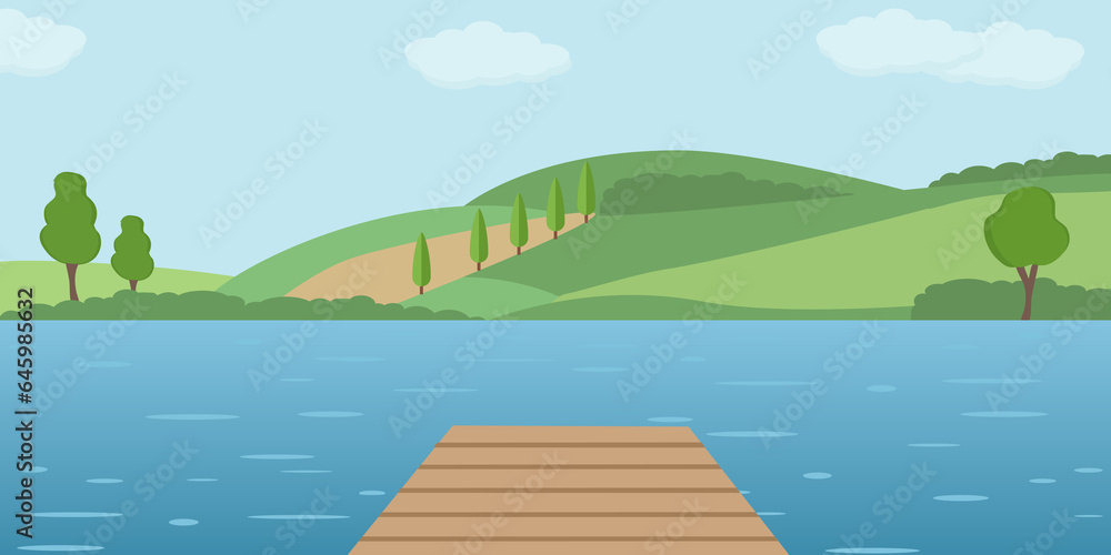 Molo di legno vuoto sul lago. Paesaggio estivo panoramico. Scenario rurale con lago, verdi colline e montagne. - illustrazioni - obrazy, fototapety, plakaty 