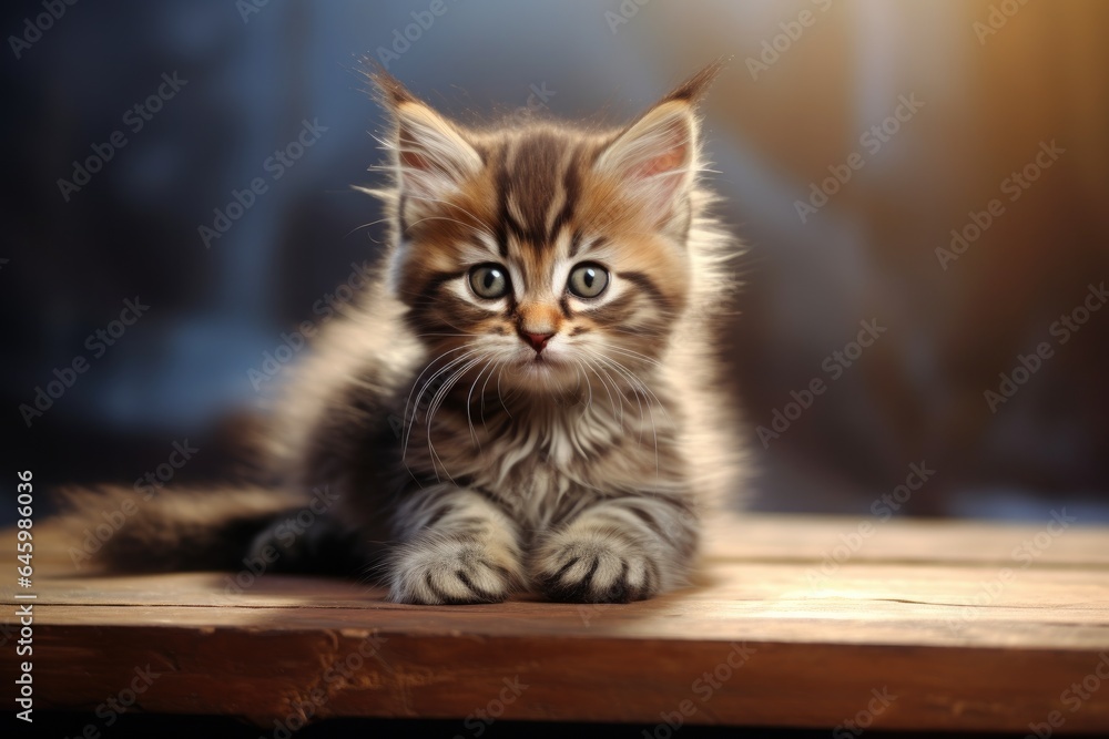 grey cute little kitten on wooden outside