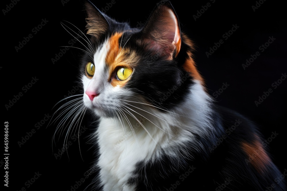 portrait of a fluffy tricolor cat on a black background