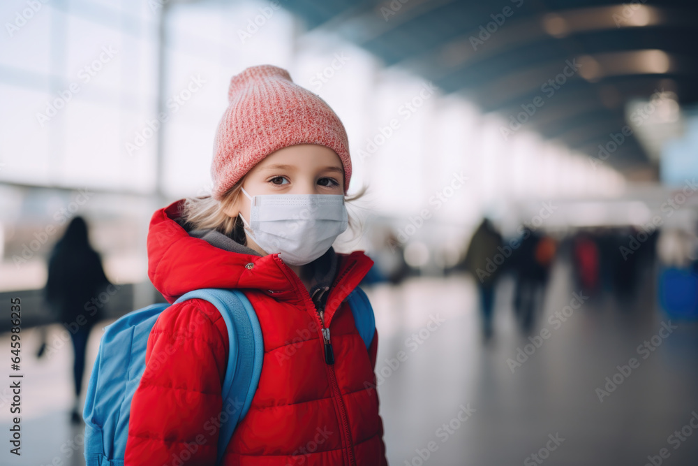 Little Girl Traveling at Airport with Face Mask - Generative AI Little Girl Traveling at Airport with Face Mask - Generative AI