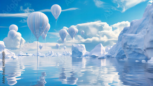 Whimsical polar landscapes with balloons tethered to icebergs photo