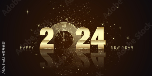 Happy New Year and Merry Christmas concept. Golden text 2024 with clock countdown instead zero. Holiday greeting card design. Vector