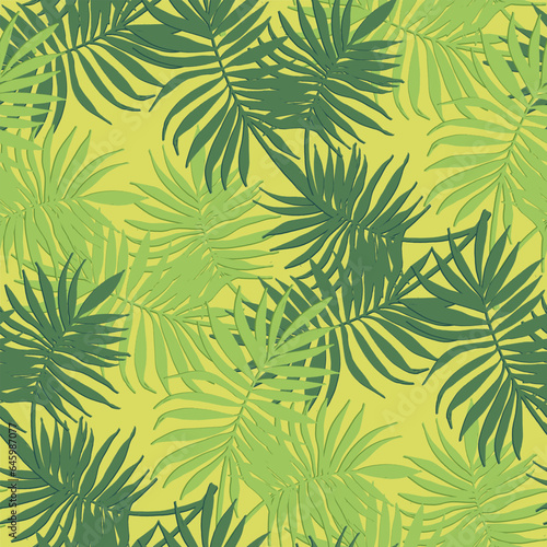 Seamless tropical pattern with stylized coconut palm leaves.