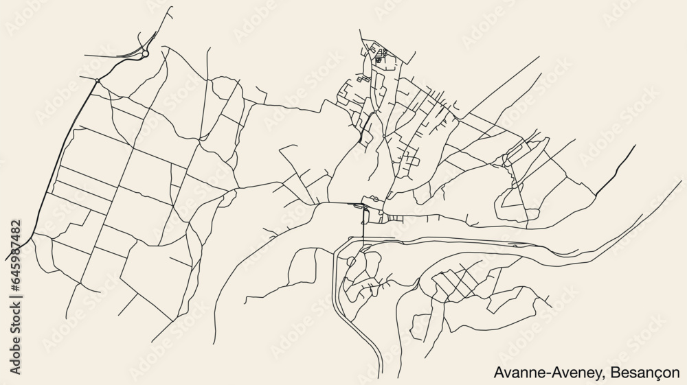 Detailed hand-drawn navigational urban street roads map of the AVANNE-AVENEY COMMUNE of the French city of BESANCON, France with vivid road lines and name tag on solid background