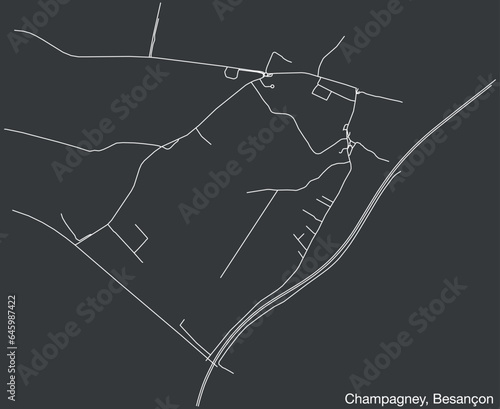 Detailed hand-drawn navigational urban street roads map of the CHAMPAGNEY COMMUNE of the French city of BESANCON, France with vivid road lines and name tag on solid background