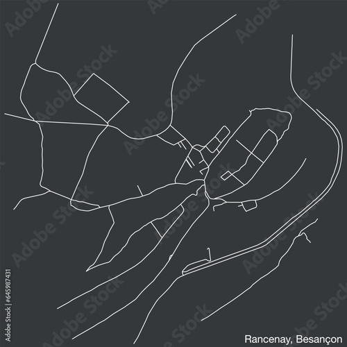 Detailed hand-drawn navigational urban street roads map of the RANCENAY COMMUNE of the French city of BESANCON, France with vivid road lines and name tag on solid background