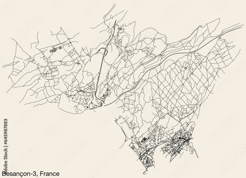 Fototapeta premium Detailed hand-drawn navigational urban street roads map of the BESANCON-3 CANTON of the French city of BESANCON, France with vivid road lines and name tag on solid background