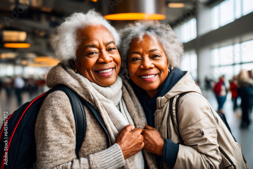 Portrait of happy laughing elderly couple tourists at the departure hall of a modern airport. Active age and Travel concept