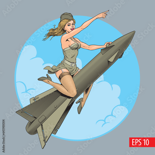 Pin up girl riding a nuclear rocket, atomic bomb or air defense missile. Vintage comic style vector illustration.
