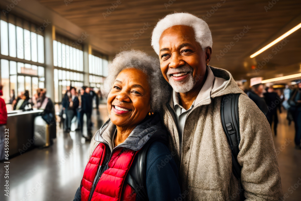 Portrait of happy laughing elderly couple tourists at the departure hall of a modern airport. Active age and Travel concept Portrait of happy laughing elderly couple tourists at the departure hall of a modern airport. Active age and Travel concept