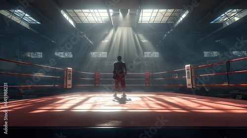 A compelling illustration of a solitary boxer, standing in the ring, prepared to commence his rigorous training. The mood is both focused and introspective. Generative AI © Sebastián Hernández