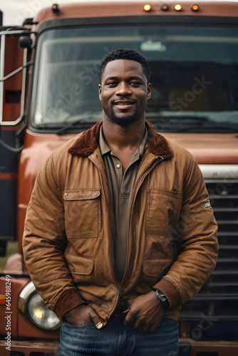 Authentic portrait of a proud, confident African American truck driver standing before his truck. Image created using artificial intelligence. © kapros76