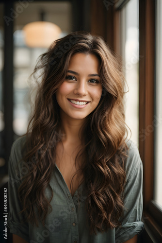 Positive Portrait of young woman smiling by the window. Image created using artificial intelligence.