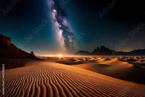 starry night sky over a peaceful desert with Milky Way galaxy clearly visible