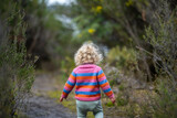toddler hiking in the forest on a path