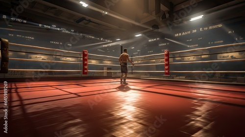 A compelling illustration of a solitary boxer, standing in the ring, prepared to commence his rigorous training. The mood is both focused and introspective. Generative AI